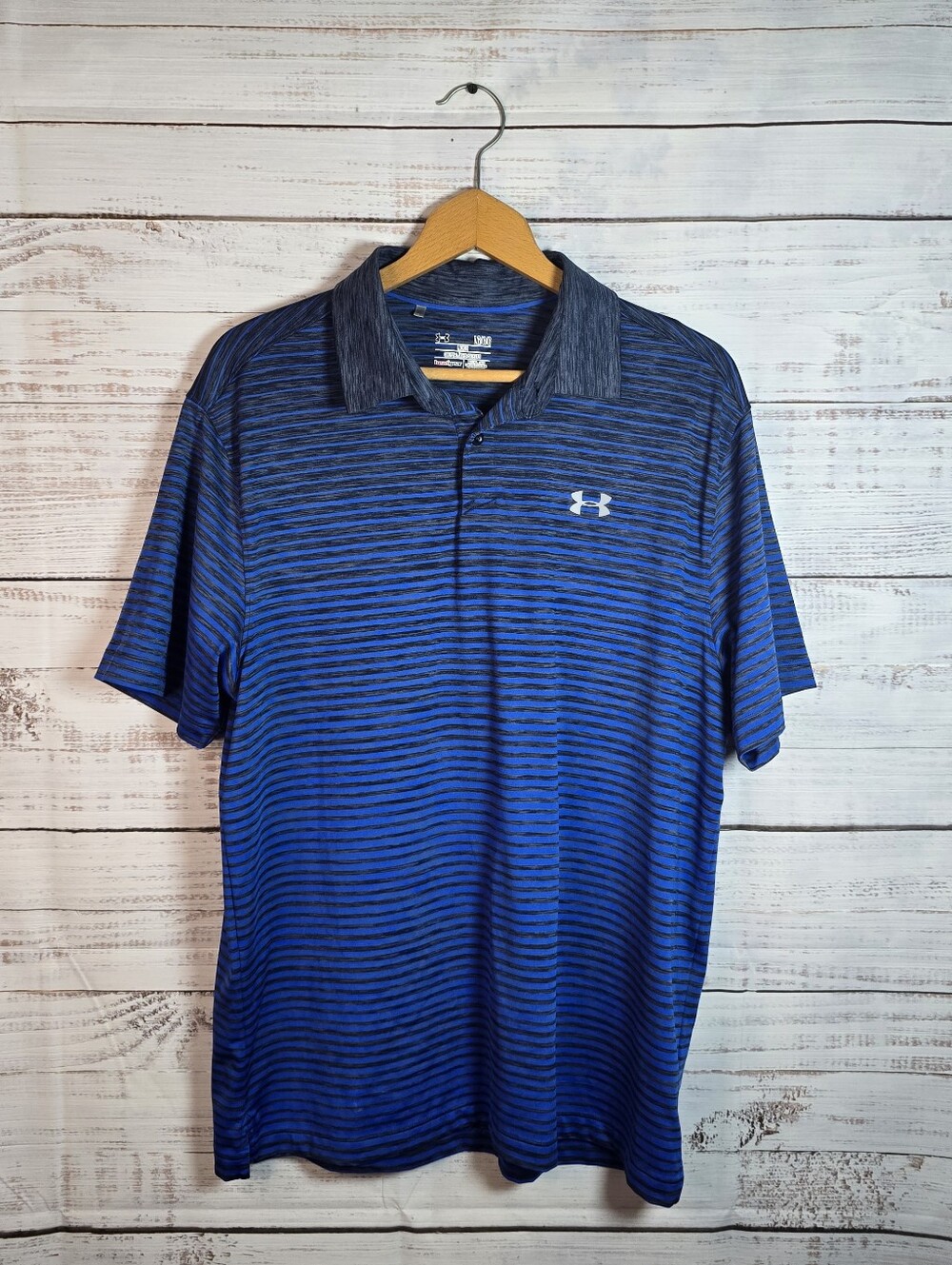 Under Armour HeatGear Blue Striped Polo Shirt Men's Large Golf Athletic